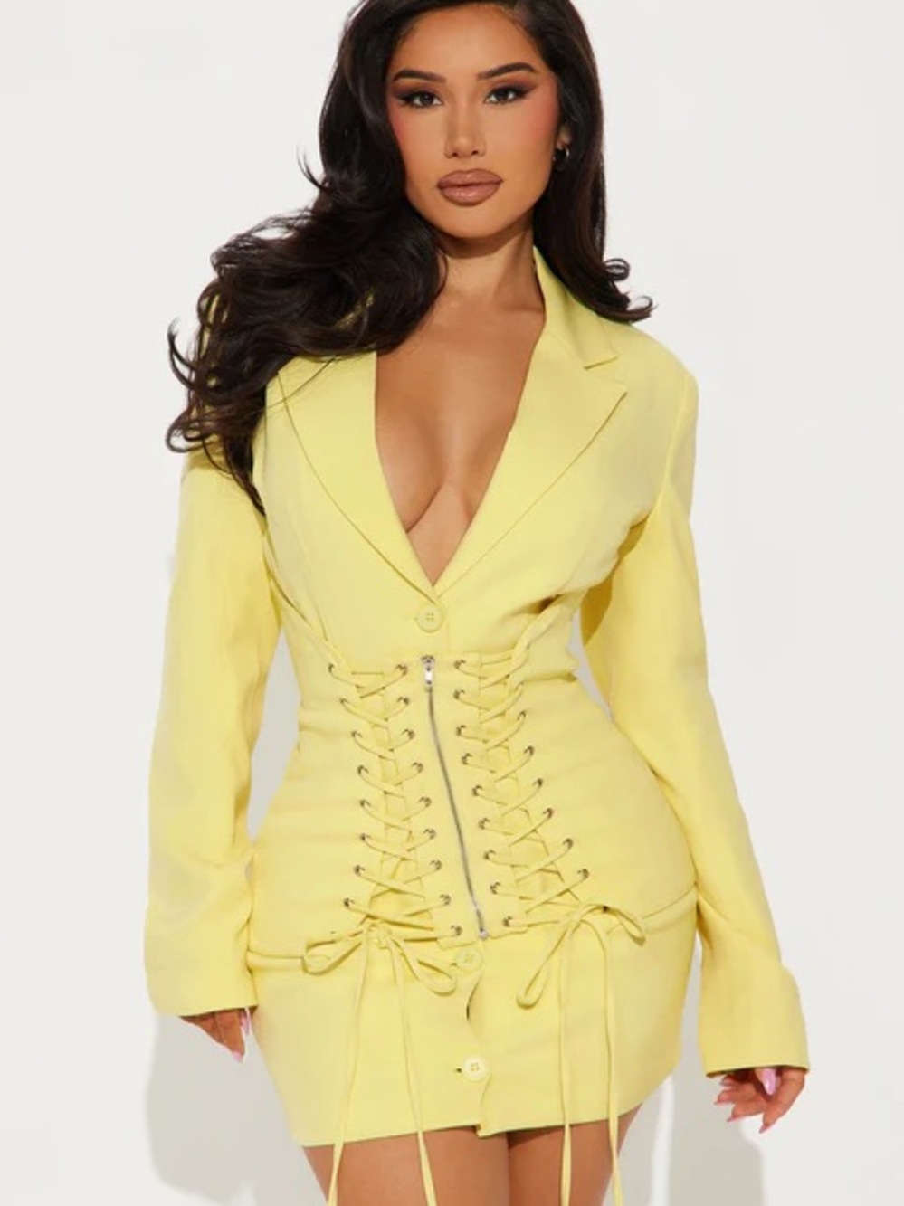 Fashion Nova Yellow Lace-Up Blazer Mini Dress